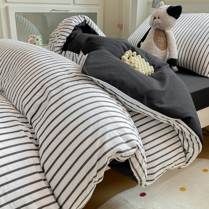 91家纺网 家纺一手货源 找家纺 麒东家纺 2025新款开学季学生ins风条纹方格水洗四件套学生上下铺三件套 条纹黄色