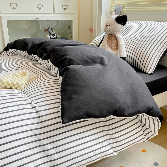 91家纺网 家纺一手货源 找家纺 麒东家纺 2025新款开学季学生ins风条纹方格水洗四件套学生上下铺三件套 条纹黄色