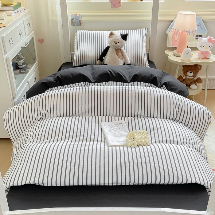 91家纺网 家纺一手货源 找家纺 麒东家纺 2025新款开学季学生ins风条纹方格水洗四件套学生上下铺三件套 条纹黄色