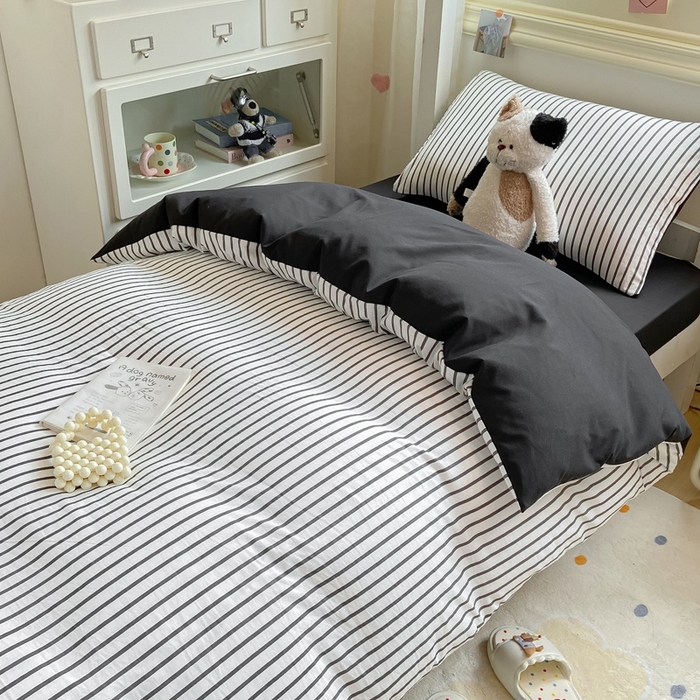 91家纺网 家纺一手货源 找家纺 麒东家纺 2025新款开学季学生ins风条纹方格水洗四件套学生上下铺三件套 条纹黄色