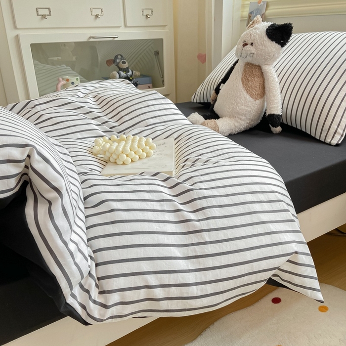 91家纺网 家纺一手货源 找家纺 麒东家纺 2025新款开学季学生ins风条纹方格水洗四件套学生上下铺三件套 条纹黄色