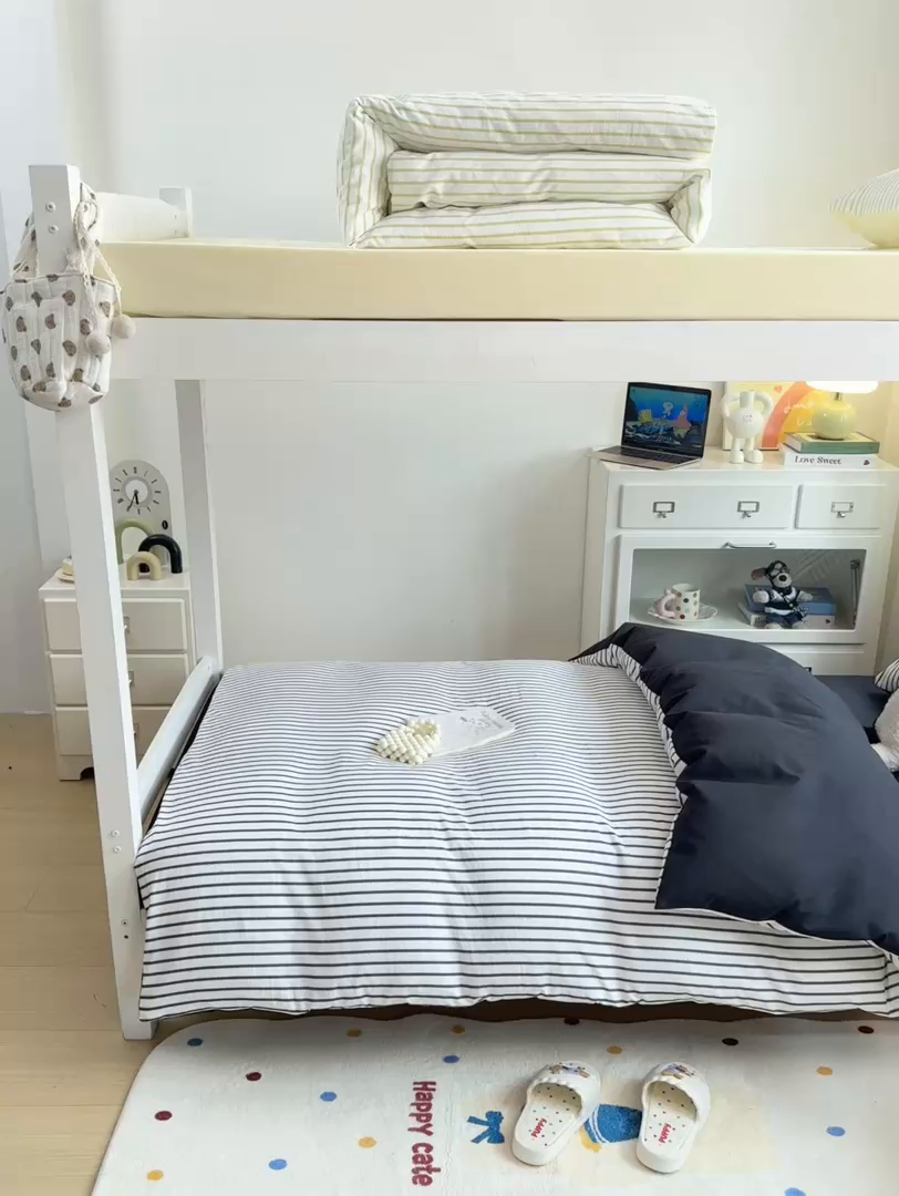 91家纺网 家纺一手货源 找家纺 麒东家纺 2025新款开学季学生ins风条纹方格水洗四件套学生上下铺三件套 条纹黄色