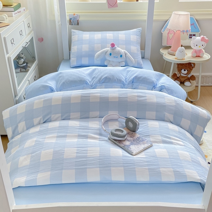 91家纺网 家纺一手货源 找家纺 麒东家纺 2025新款开学季学生ins风条纹方格水洗四件套学生上下铺三件套 方格绿色