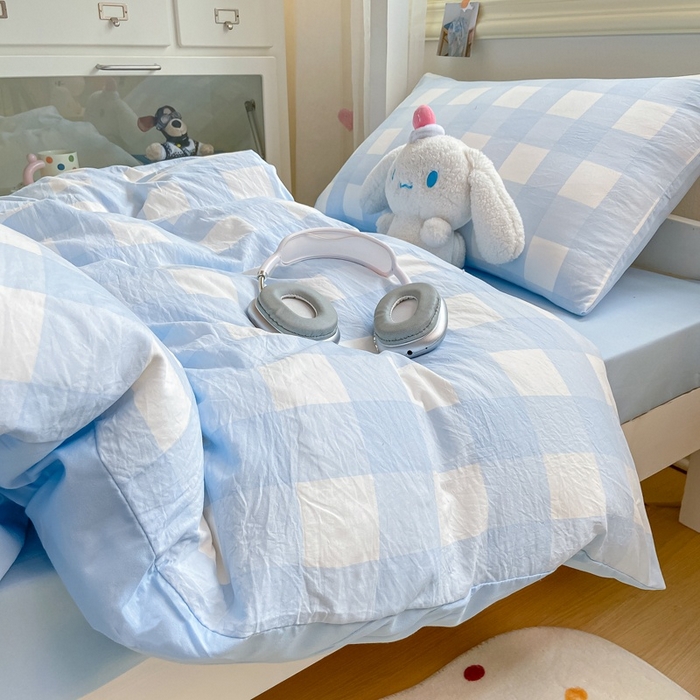 91家纺网 家纺一手货源 找家纺 麒东家纺 2025新款开学季学生ins风条纹方格水洗四件套学生上下铺三件套 方格绿色