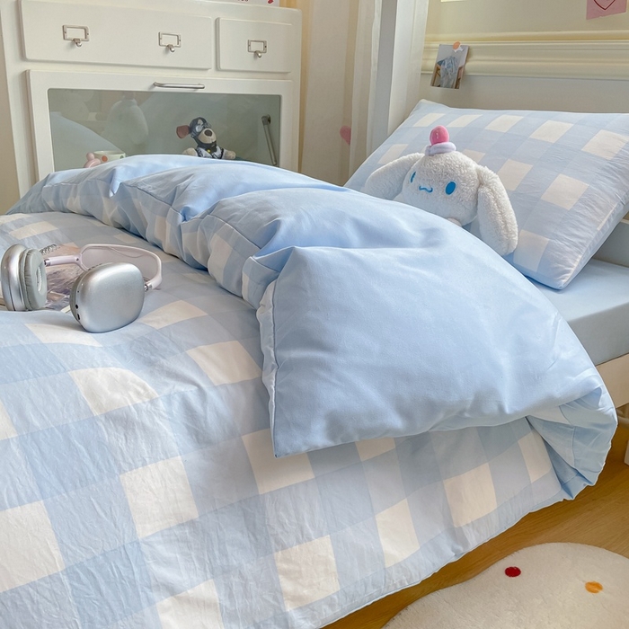 91家纺网 家纺一手货源 找家纺 麒东家纺 2025新款开学季学生ins风条纹方格水洗四件套学生上下铺三件套 方格绿色