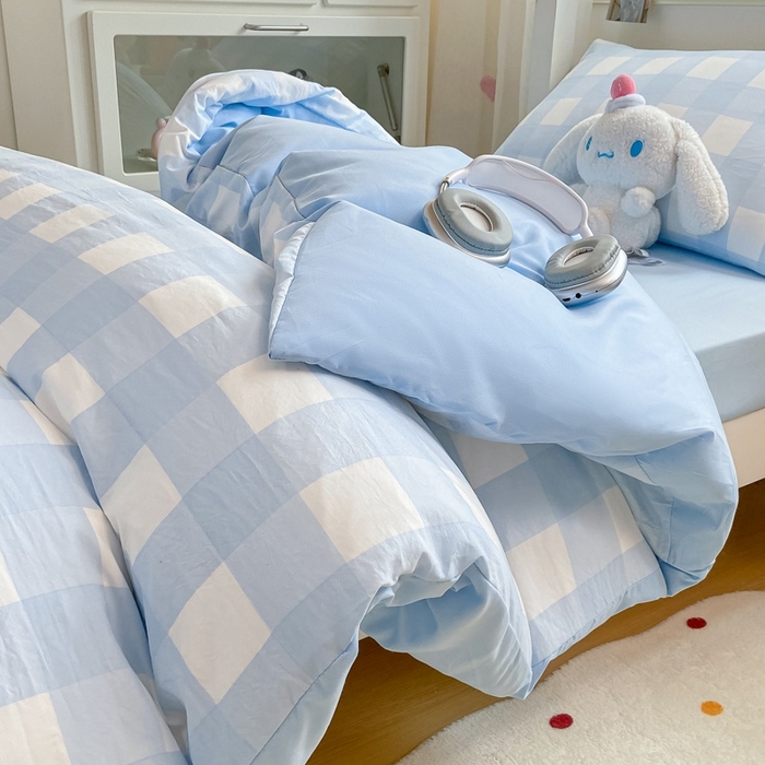 91家纺网 家纺一手货源 找家纺 麒东家纺 2025新款开学季学生ins风条纹方格水洗四件套学生上下铺三件套 方格绿色