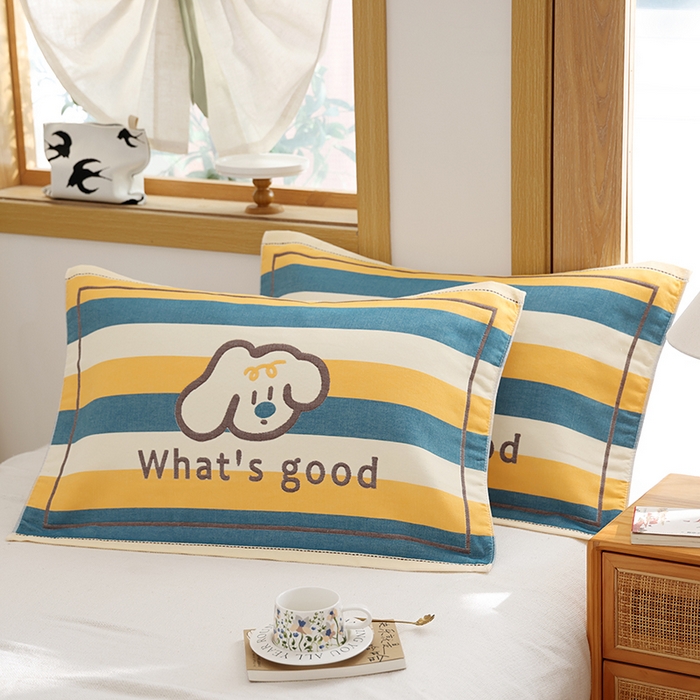 91家纺网 家纺一手货源 找家纺 朴尔家纺-毛巾被 2025新款格致系列全棉纯棉加厚六层纱布枕巾单枕巾枕巾单件 彩条狗-黄 52x78cm枕巾一对
