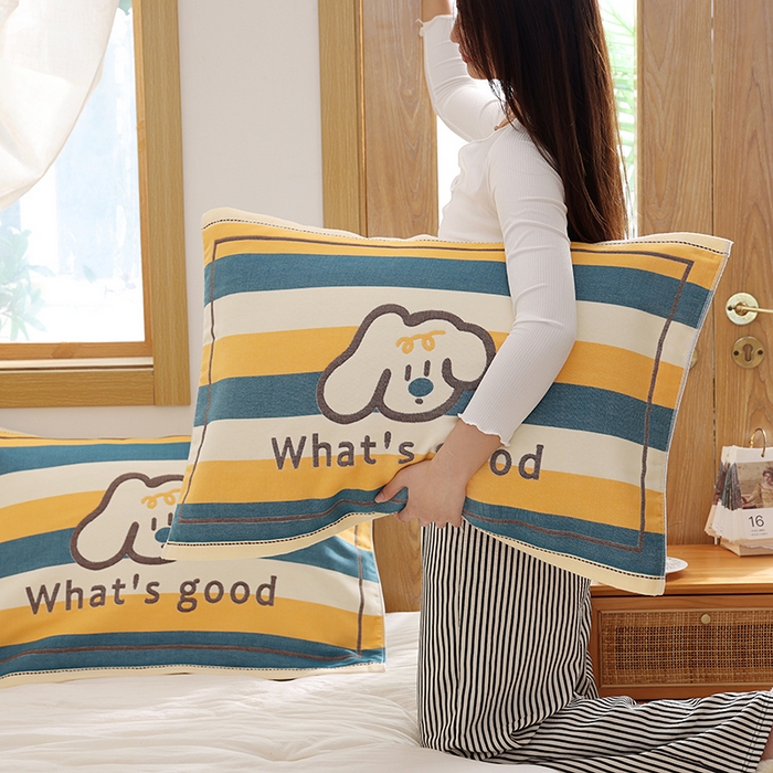 91家纺网 家纺一手货源 找家纺 朴尔家纺-毛巾被 2025新款格致系列全棉纯棉加厚六层纱布枕巾单枕巾枕巾单件 彩条狗-黄 52x78cm枕巾一对