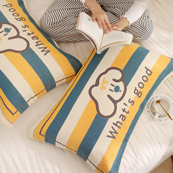 91家纺网 家纺一手货源 找家纺 朴尔家纺-毛巾被 2025新款格致系列全棉纯棉加厚六层纱布枕巾单枕巾枕巾单件 彩条狗-黄 52x78cm枕巾一对