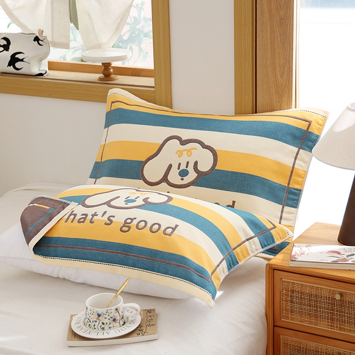 91家纺网 家纺一手货源 找家纺 朴尔家纺-毛巾被 2025新款格致系列全棉纯棉加厚六层纱布枕巾单枕巾枕巾单件 彩条狗-黄 52x78cm枕巾一对