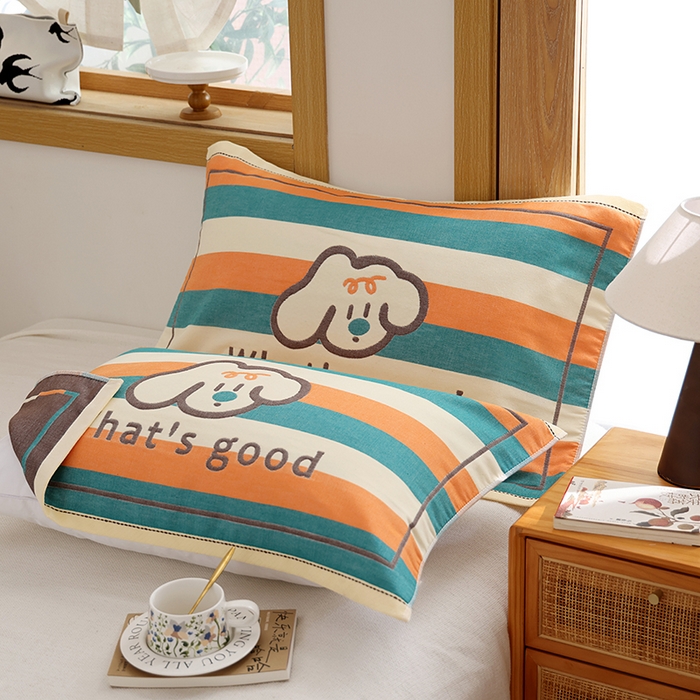 91家纺网 家纺一手货源 找家纺 朴尔家纺-毛巾被 2025新款格致系列全棉纯棉加厚六层纱布枕巾单枕巾枕巾单件 彩条狗-橘 52x78cm枕巾一对