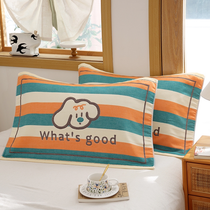 91家纺网 家纺一手货源 找家纺 朴尔家纺-毛巾被 2025新款格致系列全棉纯棉加厚六层纱布枕巾单枕巾枕巾单件 彩条狗-橘 52x78cm枕巾一对