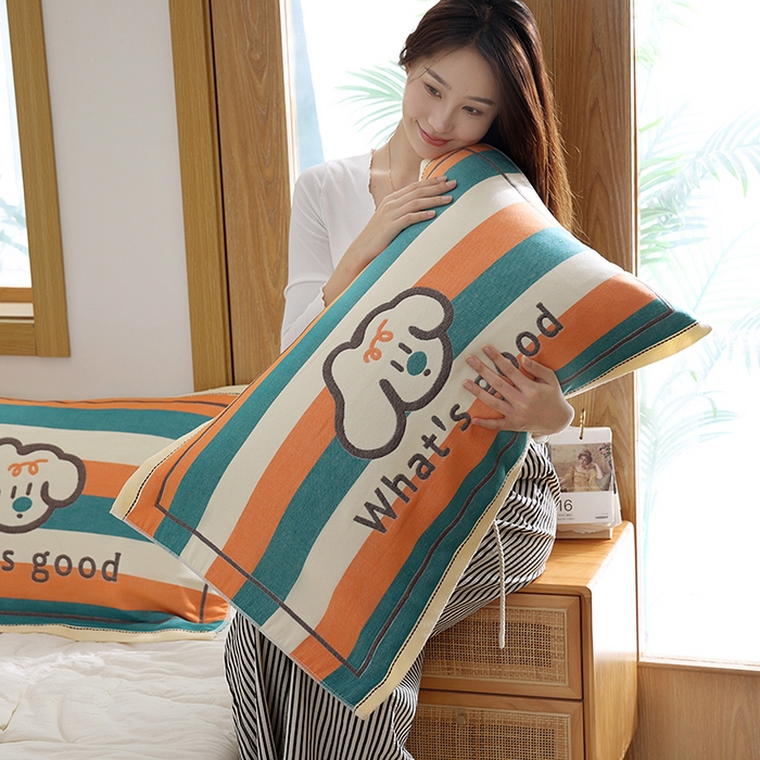 91家纺网 家纺一手货源 找家纺 朴尔家纺-毛巾被 2025新款格致系列全棉纯棉加厚六层纱布枕巾单枕巾枕巾单件 彩条狗-橘 52x78cm枕巾一对