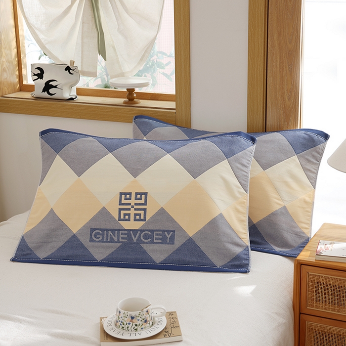 91家纺网 家纺一手货源 找家纺 朴尔家纺-毛巾被 2025新款格致系列全棉纯棉加厚六层纱布枕巾单枕巾枕巾单件 海派绅士-蓝 52x78cm枕巾一对