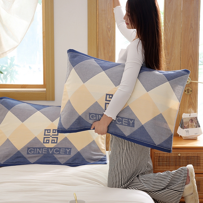 91家纺网 家纺一手货源 找家纺 朴尔家纺-毛巾被 2025新款格致系列全棉纯棉加厚六层纱布枕巾单枕巾枕巾单件 海派绅士-蓝 52x78cm枕巾一对