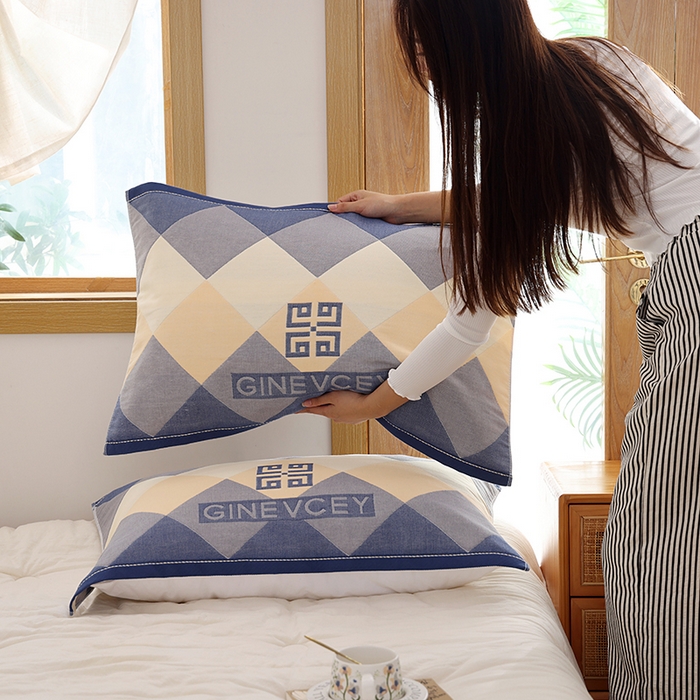 91家纺网 家纺一手货源 找家纺 朴尔家纺-毛巾被 2025新款格致系列全棉纯棉加厚六层纱布枕巾单枕巾枕巾单件 海派绅士-蓝 52x78cm枕巾一对