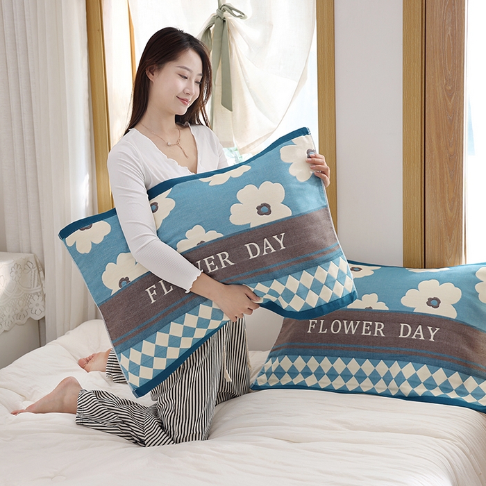 91家纺网 家纺一手货源 找家纺 朴尔家纺-毛巾被 2025新款格致系列全棉纯棉加厚六层纱布枕巾单枕巾枕巾单件 世家花园-蓝 52x78cm枕巾一对