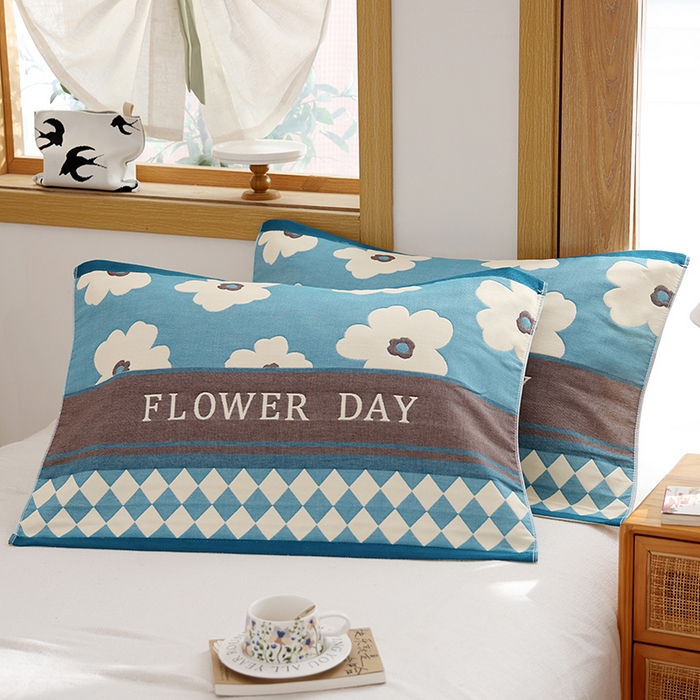 91家纺网 家纺一手货源 找家纺 朴尔家纺-毛巾被 2025新款格致系列全棉纯棉加厚六层纱布枕巾单枕巾枕巾单件 世家花园-蓝 52x78cm枕巾一对