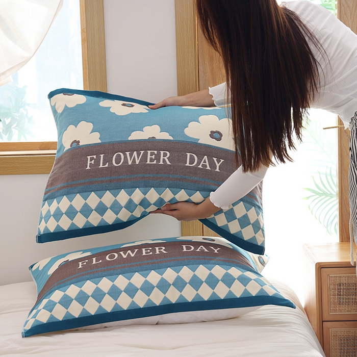 91家纺网 家纺一手货源 找家纺 朴尔家纺-毛巾被 2025新款格致系列全棉纯棉加厚六层纱布枕巾单枕巾枕巾单件 世家花园-蓝 52x78cm枕巾一对