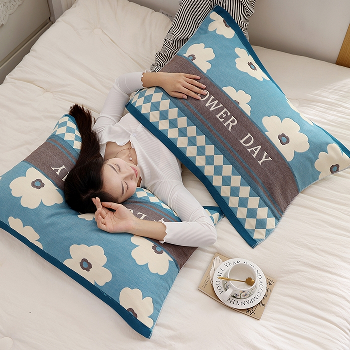 91家纺网 家纺一手货源 找家纺 朴尔家纺-毛巾被 2025新款格致系列全棉纯棉加厚六层纱布枕巾单枕巾枕巾单件 世家花园-蓝 52x78cm枕巾一对