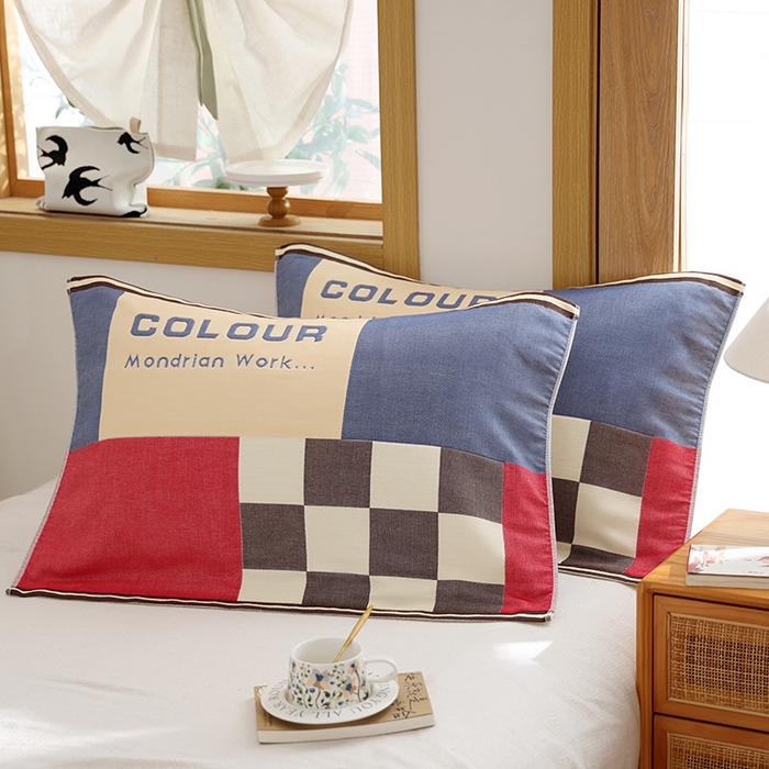 91家纺网 家纺一手货源 找家纺 朴尔家纺-毛巾被 2025新款格致系列全棉纯棉加厚六层纱布枕巾单枕巾枕巾单件 自然风-蓝 52x78cm枕巾一对