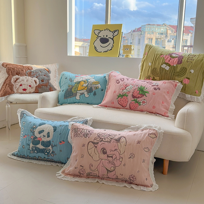 91家纺网 家纺一手货源 找家纺 （总）朴尔家纺-毛巾被 2025新款韩版花边卡通水洗起皱纯棉四层纱布枕巾单枕巾枕巾单件