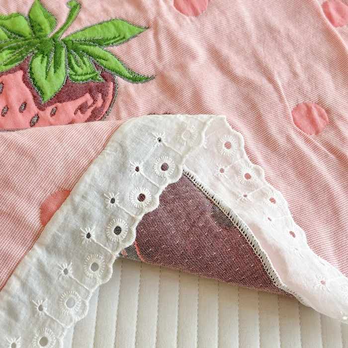 91家纺网 家纺一手货源 找家纺 朴尔家纺-毛巾被 2025新款韩版花边卡通水洗起皱纯棉四层纱布枕巾单枕巾枕巾单件 草莓蝴蝶 52x78cm枕巾一对