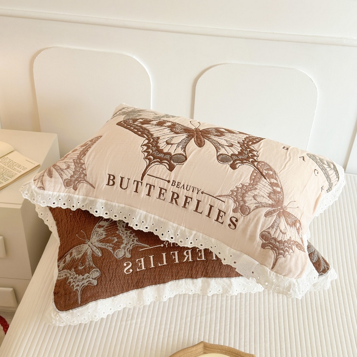 91家纺网 家纺一手货源 找家纺 朴尔家纺-毛巾被 2025新款韩版花边卡通水洗起皱纯棉四层纱布枕巾单枕巾枕巾单件 蝴蝶谷 52x78cm枕巾一对