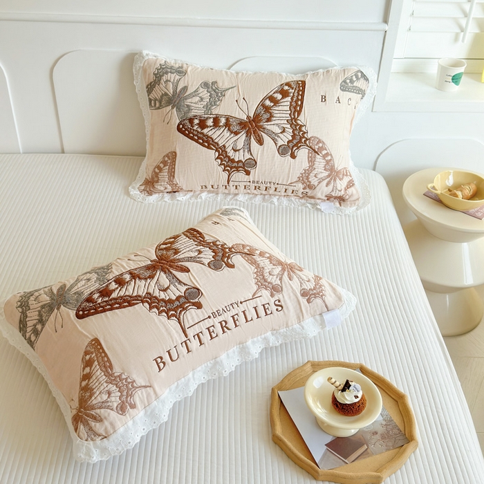 91家纺网 家纺一手货源 找家纺 朴尔家纺-毛巾被 2025新款韩版花边卡通水洗起皱纯棉四层纱布枕巾单枕巾枕巾单件 蝴蝶谷 52x78cm枕巾一对