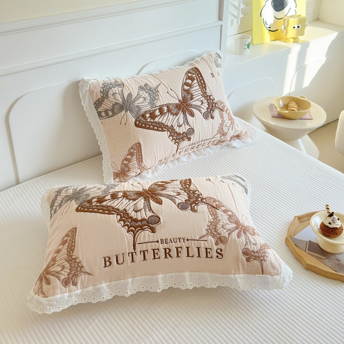 91家纺网 家纺一手货源 找家纺 朴尔家纺-毛巾被 2025新款韩版花边卡通水洗起皱纯棉四层纱布枕巾单枕巾枕巾单件 蝴蝶谷 52x78cm枕巾一对