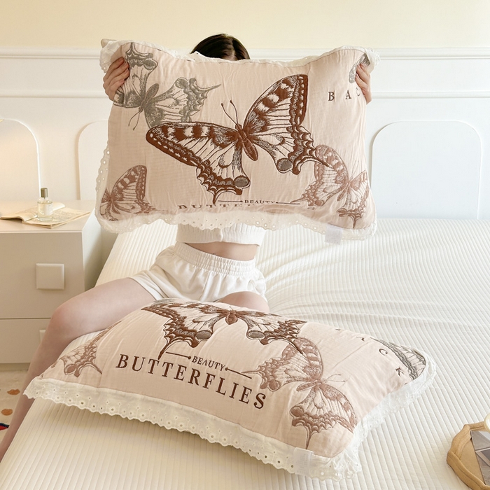 91家纺网 家纺一手货源 找家纺 朴尔家纺-毛巾被 2025新款韩版花边卡通水洗起皱纯棉四层纱布枕巾单枕巾枕巾单件 蝴蝶谷 52x78cm枕巾一对