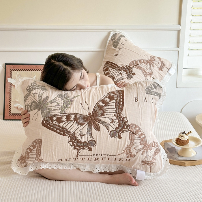 91家纺网 家纺一手货源 找家纺 朴尔家纺-毛巾被 2025新款韩版花边卡通水洗起皱纯棉四层纱布枕巾单枕巾枕巾单件 蝴蝶谷 52x78cm枕巾一对