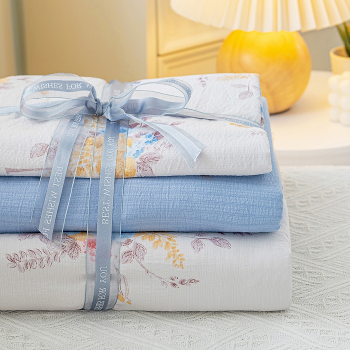 91家纺网 家纺一手货源 找家纺 奇丝雅 2025新款A类有氧超柔云感双层纱皱皱纱学生宿舍三件套家用四件套单被套 半岛慕尚