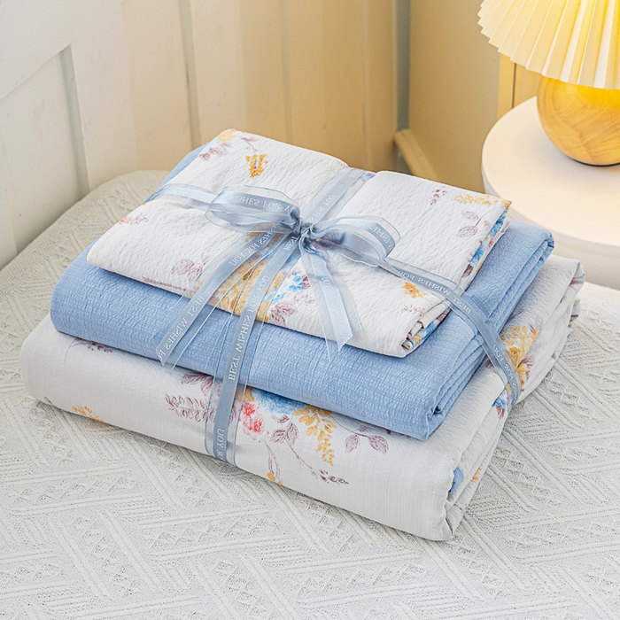 91家纺网 家纺一手货源 找家纺 奇丝雅 2025新款A类有氧超柔云感双层纱皱皱纱学生宿舍三件套家用四件套单被套 半岛慕尚