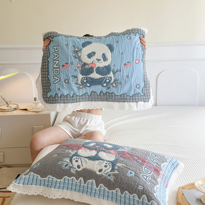 91家纺网 家纺一手货源 找家纺 朴尔家纺-毛巾被 2025新款韩版花边卡通水洗起皱纯棉四层纱布枕巾单枕巾枕巾单件 花花的世界 52x78cm枕巾一对