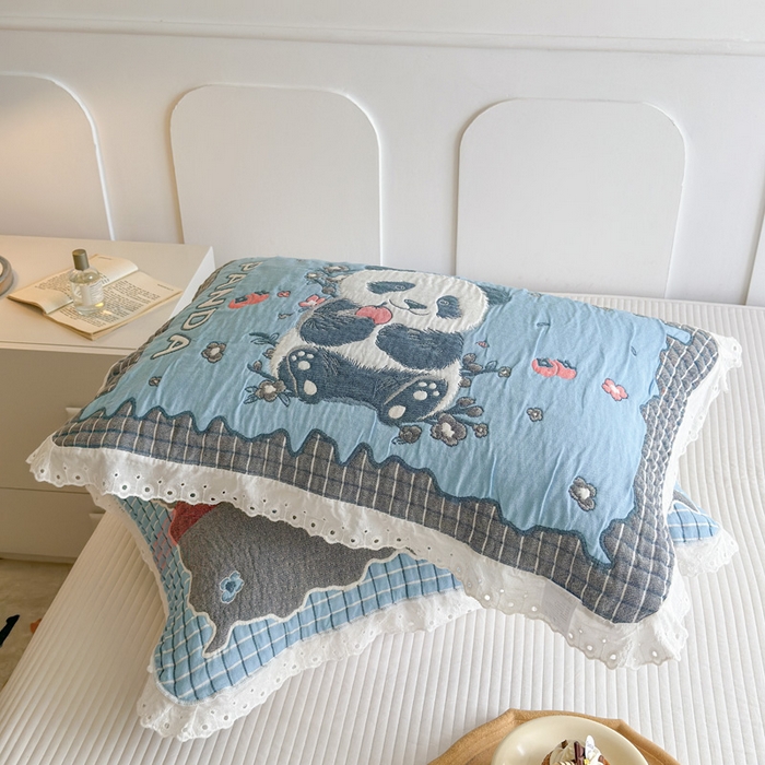 91家纺网 家纺一手货源 找家纺 朴尔家纺-毛巾被 2025新款韩版花边卡通水洗起皱纯棉四层纱布枕巾单枕巾枕巾单件 花花的世界 52x78cm枕巾一对