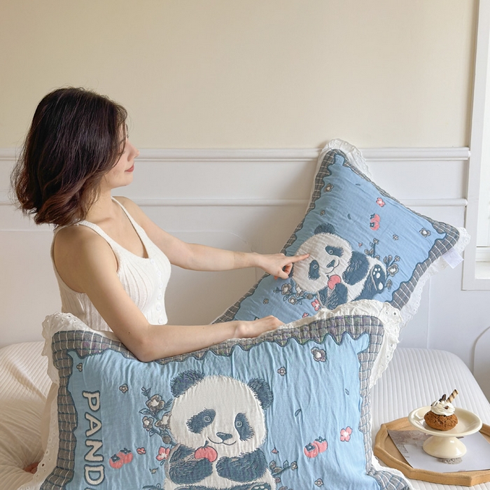 91家纺网 家纺一手货源 找家纺 朴尔家纺-毛巾被 2025新款韩版花边卡通水洗起皱纯棉四层纱布枕巾单枕巾枕巾单件 花花的世界 52x78cm枕巾一对