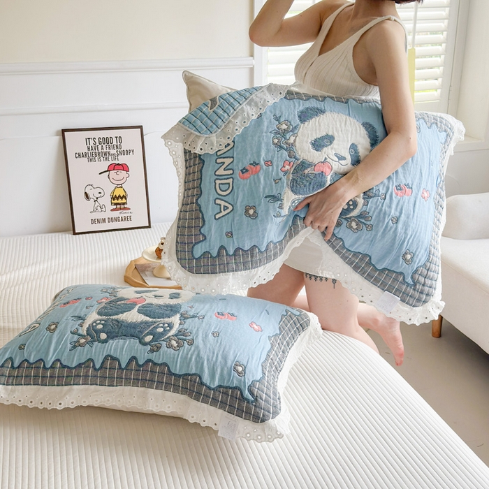 91家纺网 家纺一手货源 找家纺 朴尔家纺-毛巾被 2025新款韩版花边卡通水洗起皱纯棉四层纱布枕巾单枕巾枕巾单件 花花的世界 52x78cm枕巾一对