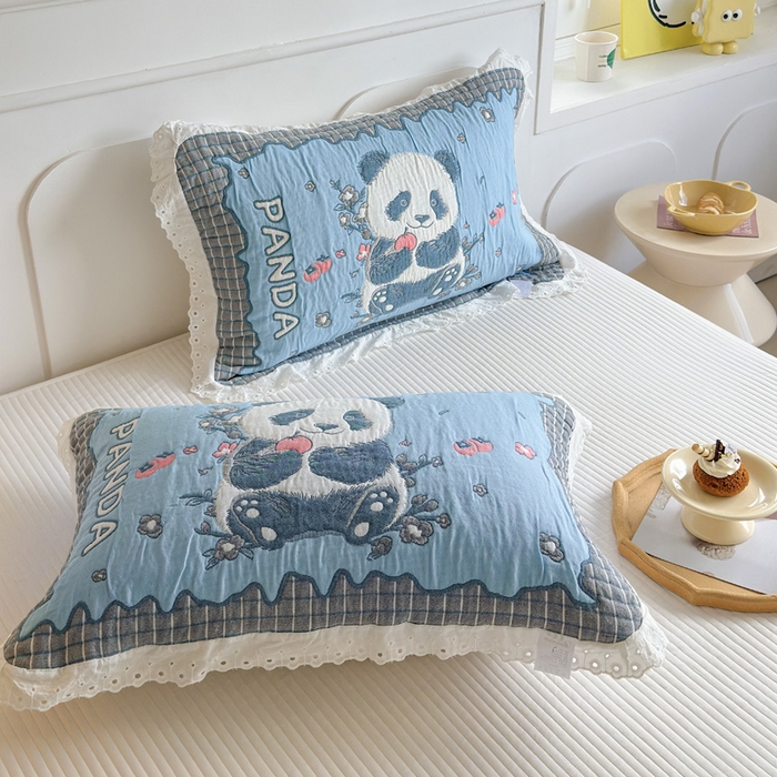 91家纺网 家纺一手货源 找家纺 朴尔家纺-毛巾被 2025新款韩版花边卡通水洗起皱纯棉四层纱布枕巾单枕巾枕巾单件 花花的世界 52x78cm枕巾一对