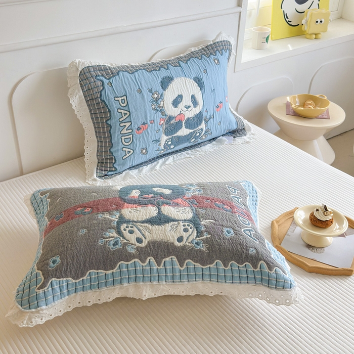 91家纺网 家纺一手货源 找家纺 朴尔家纺-毛巾被 2025新款韩版花边卡通水洗起皱纯棉四层纱布枕巾单枕巾枕巾单件 花花的世界 52x78cm枕巾一对