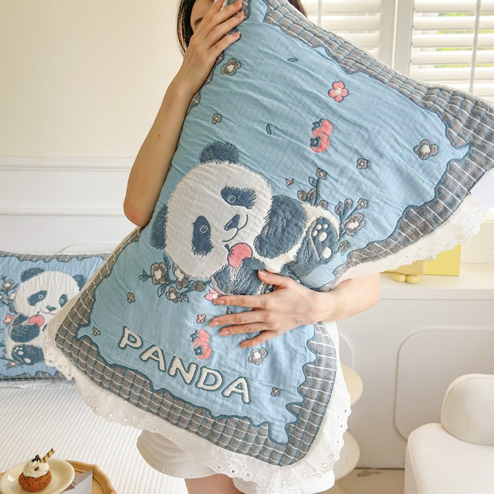 91家纺网 家纺一手货源 找家纺 朴尔家纺-毛巾被 2025新款韩版花边卡通水洗起皱纯棉四层纱布枕巾单枕巾枕巾单件 花花的世界 52x78cm枕巾一对