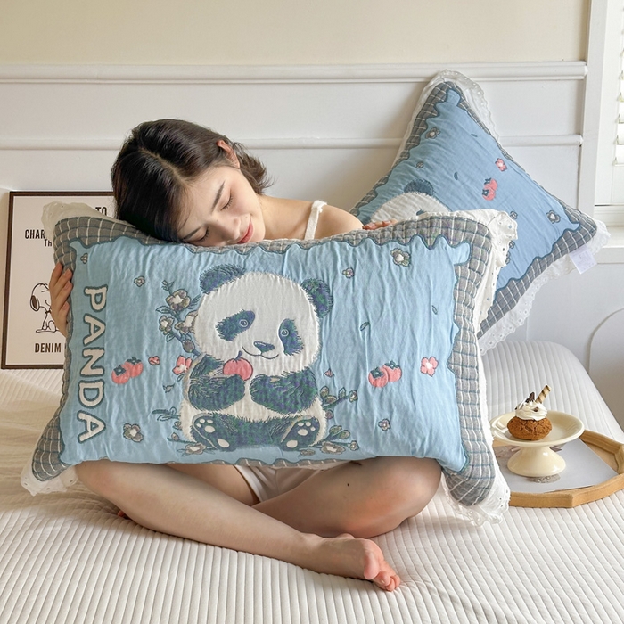 91家纺网 家纺一手货源 找家纺 朴尔家纺-毛巾被 2025新款韩版花边卡通水洗起皱纯棉四层纱布枕巾单枕巾枕巾单件 花花的世界 52x78cm枕巾一对