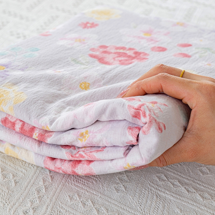 91家纺网 家纺一手货源 找家纺 奇丝雅 2025新款A类有氧超柔云感双层纱皱皱纱学生宿舍三件套家用四件套单被套 朵朵田园