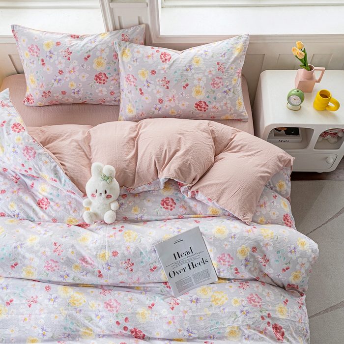 91家纺网 家纺一手货源 找家纺 奇丝雅 2025新款A类有氧超柔云感双层纱皱皱纱学生宿舍三件套家用四件套单被套 朵朵田园