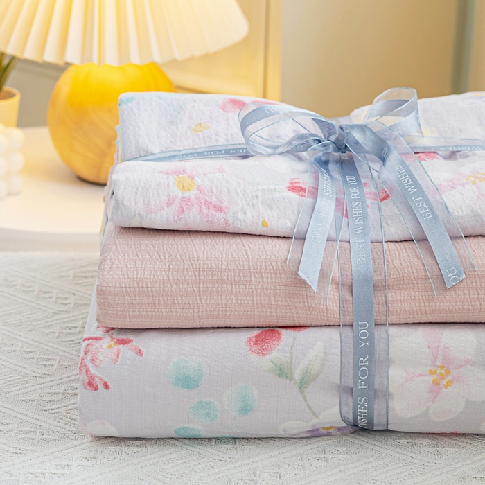 91家纺网 家纺一手货源 找家纺 奇丝雅 2025新款A类有氧超柔云感双层纱皱皱纱学生宿舍三件套家用四件套单被套 朵朵田园