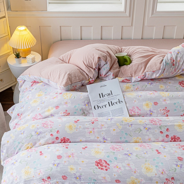 91家纺网 家纺一手货源 找家纺 奇丝雅 2025新款A类有氧超柔云感双层纱皱皱纱学生宿舍三件套家用四件套单被套 朵朵田园