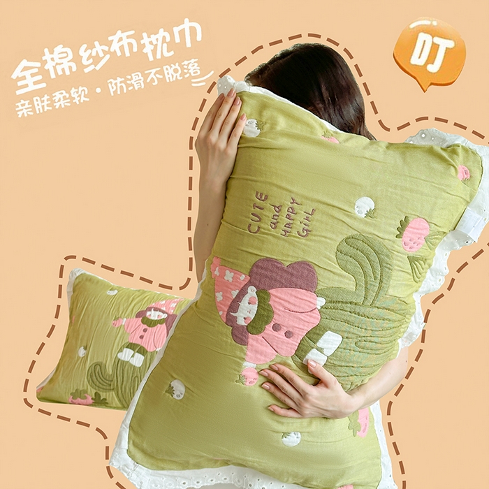 朴尔家纺-毛巾被 2025新款韩版花边卡通水洗起皱纯棉四层纱布枕巾单枕巾枕巾单件 精灵女孩 52x78cm枕巾一对