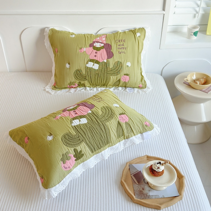 91家纺网 家纺一手货源 找家纺 朴尔家纺-毛巾被 2025新款韩版花边卡通水洗起皱纯棉四层纱布枕巾单枕巾枕巾单件 精灵女孩 52x78cm枕巾一对