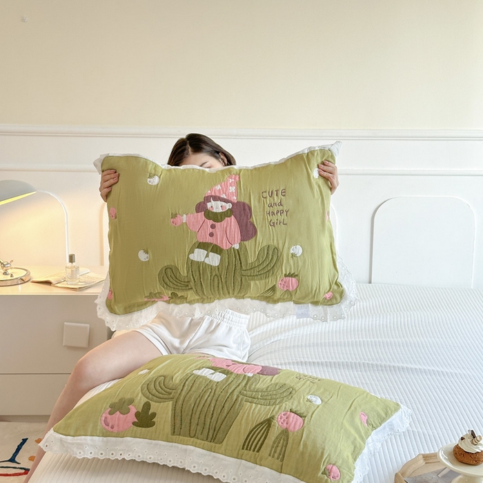 91家纺网 家纺一手货源 找家纺 朴尔家纺-毛巾被 2025新款韩版花边卡通水洗起皱纯棉四层纱布枕巾单枕巾枕巾单件 精灵女孩 52x78cm枕巾一对
