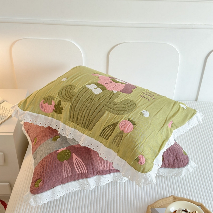 91家纺网 家纺一手货源 找家纺 朴尔家纺-毛巾被 2025新款韩版花边卡通水洗起皱纯棉四层纱布枕巾单枕巾枕巾单件 精灵女孩 52x78cm枕巾一对